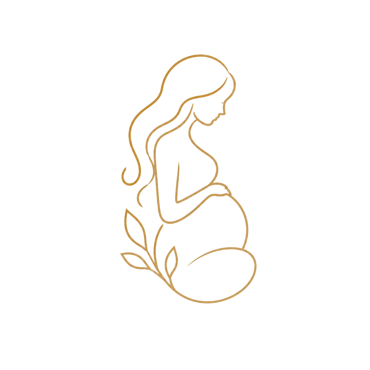Golden line art of a pregnant woman silhouette with flowing hair and botanical leaves, elegant maternity logo design.