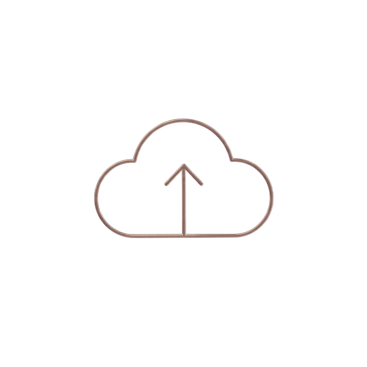 Minimalist cloud upload icon with upward arrow in muted rose outline style on white background.