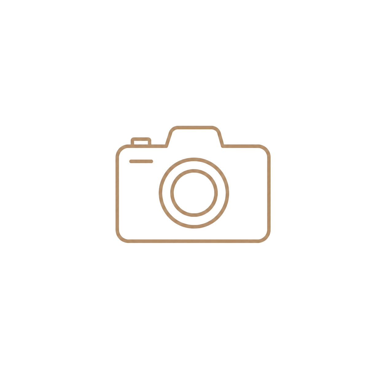 Simple outline icon of a camera with lens and viewfinder in warm brown tones on white background.