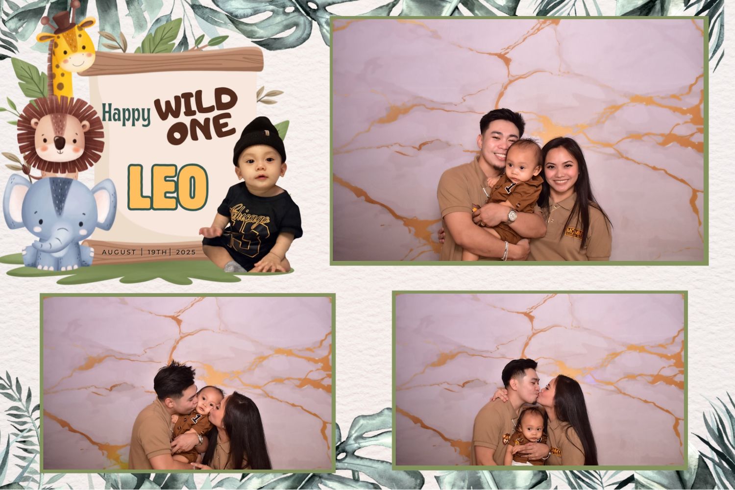 Family celebrating Leo’s Wild One first birthday with safari theme photo booth pictures featuring parents and baby.