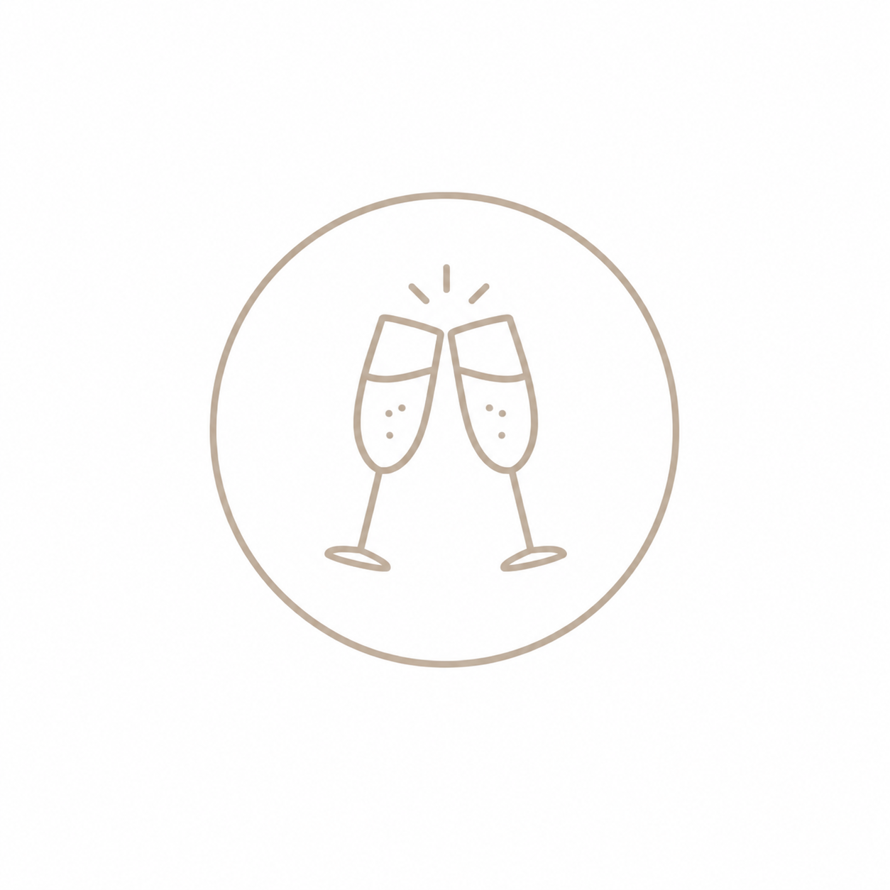 Two champagne flutes clinking together in a minimalist line art circle icon on white background.