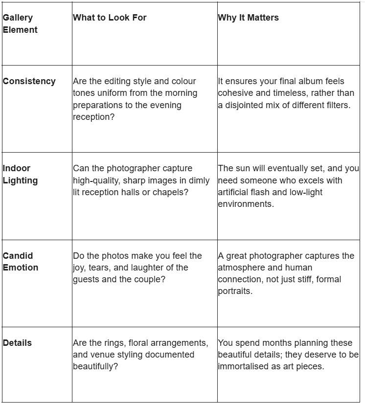 A table outlining wedding gallery elements including consistency, indoor lighting, candid emotion, and details with tips.