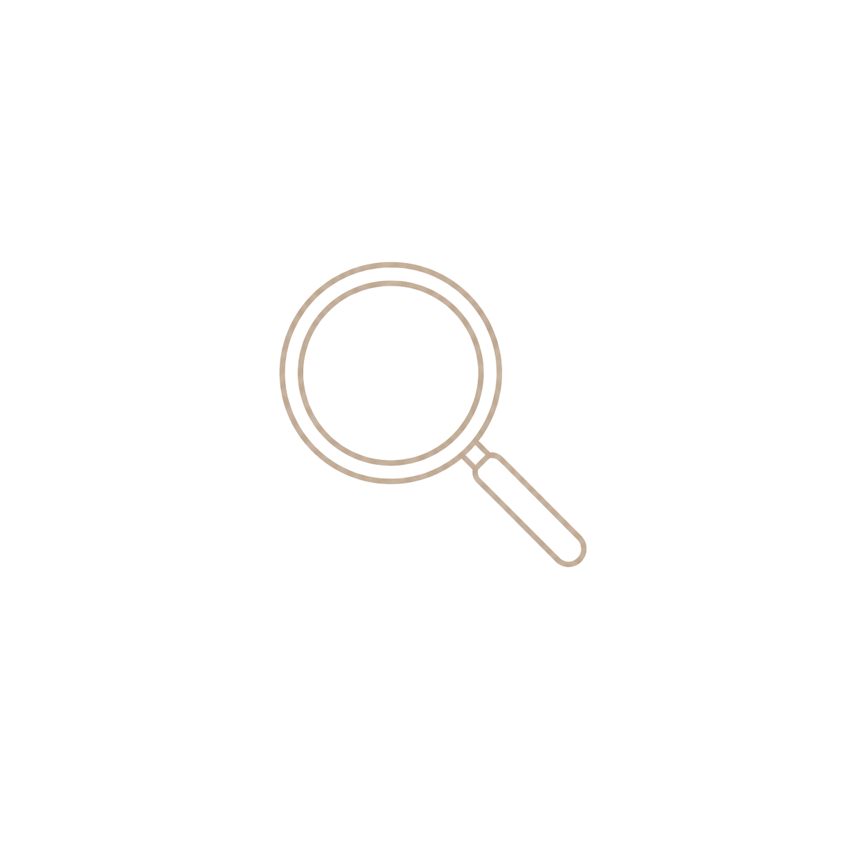 A minimalist magnifying glass icon with a thin outline design in soft beige tones on a white background.