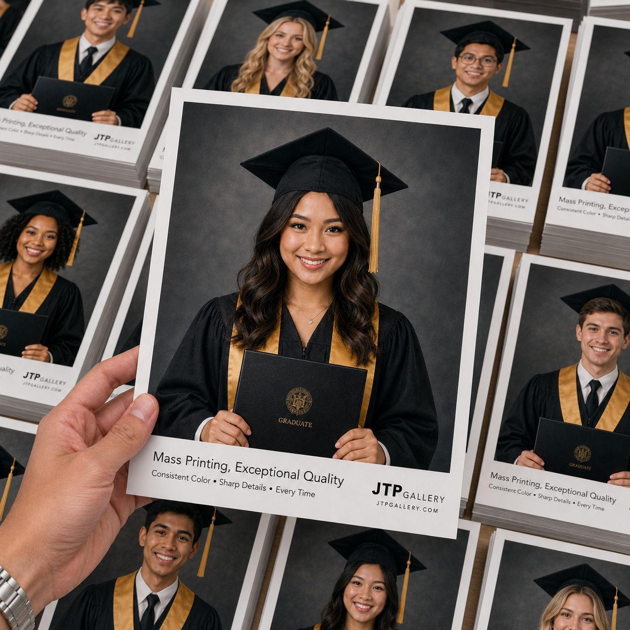 A hand holds a graduation portrait photo print, with multiple copies of various grad photos spread out behind it, by JTP Gallery.
