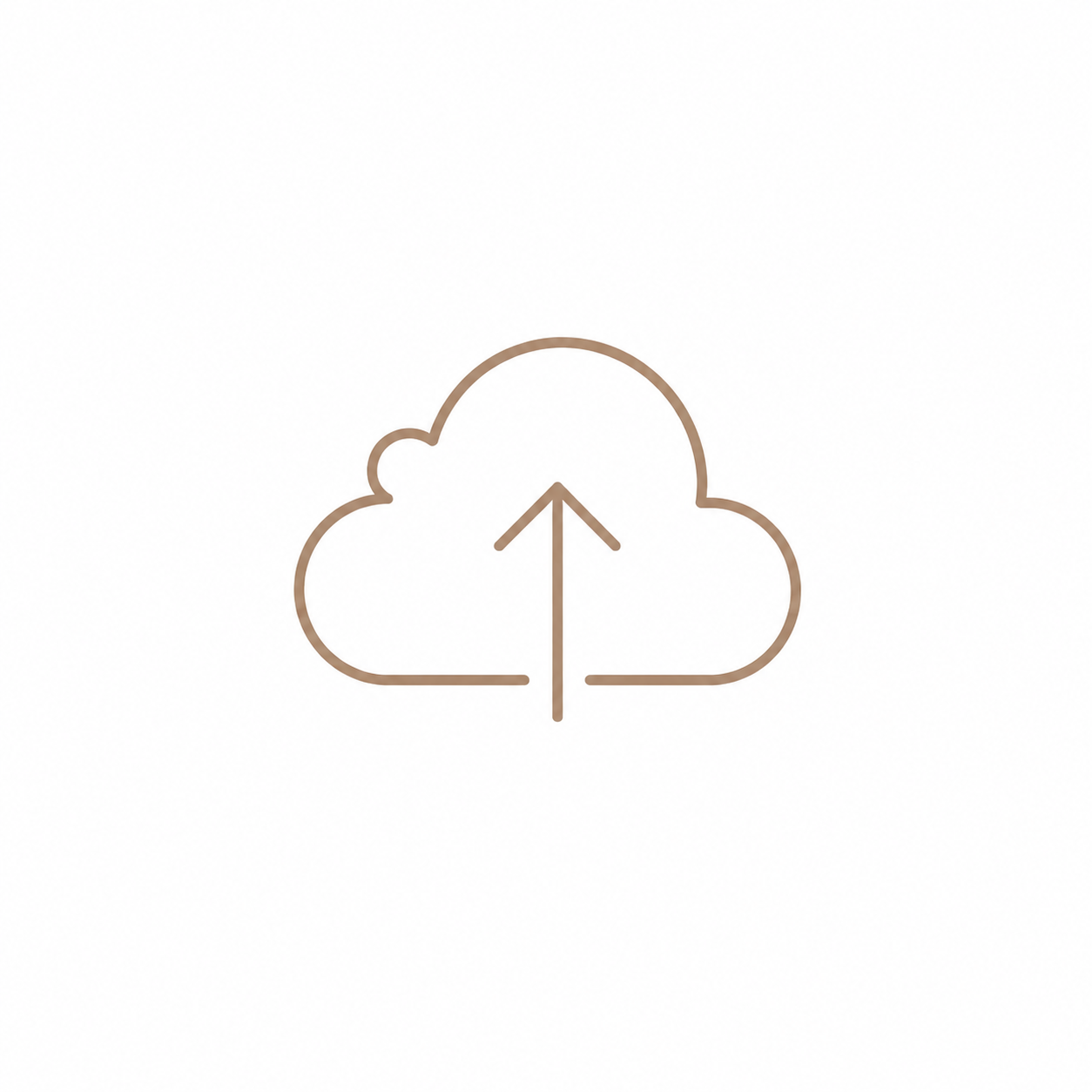 Minimalist cloud upload icon with upward arrow in warm beige outline on white background.