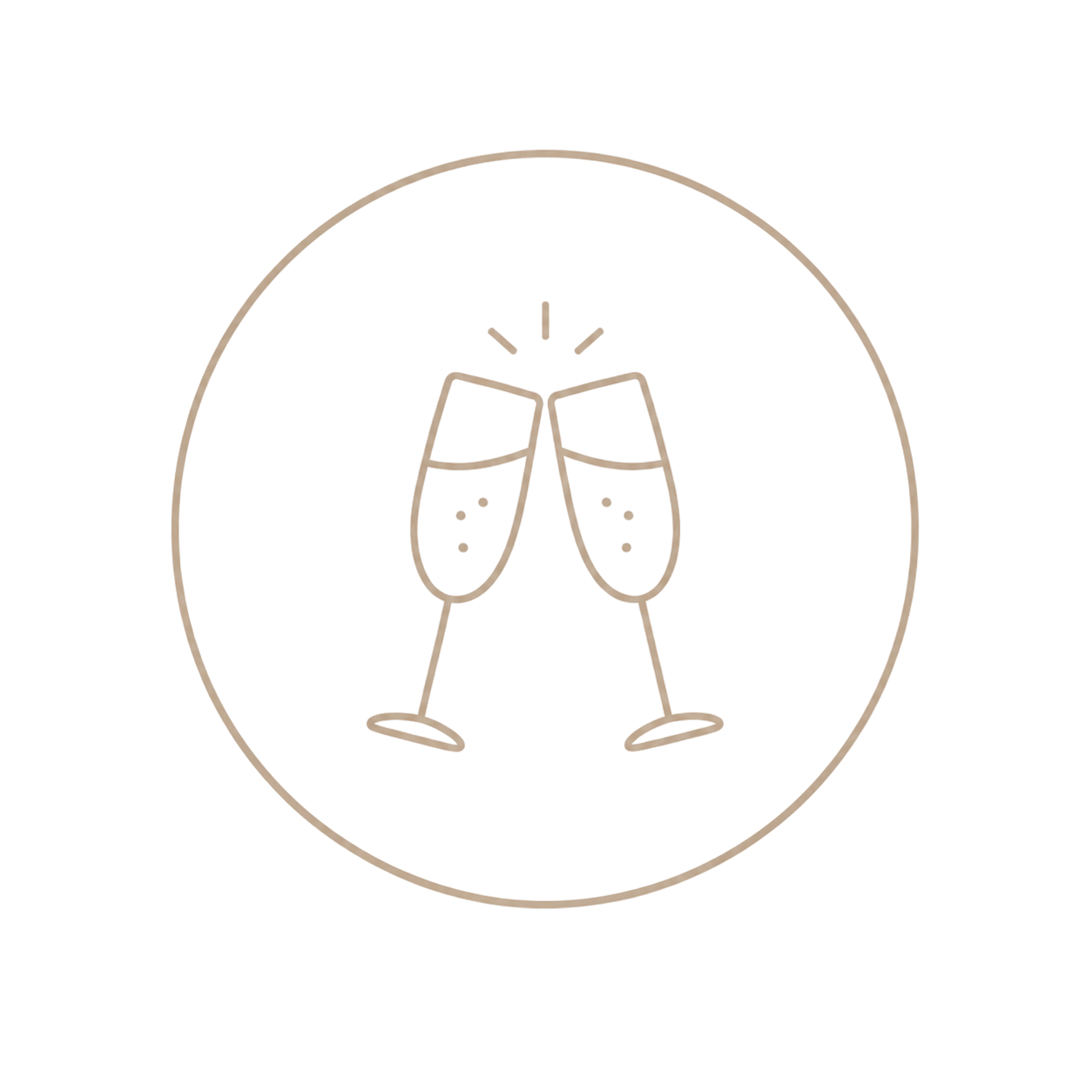 Two champagne flutes clinking together in a celebratory toast, elegant line art icon in beige tones.