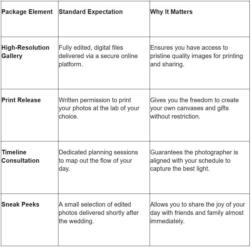 Wedding photography package table outlining high-resolution gallery, print release, timeline consultation, and sneak peeks details.