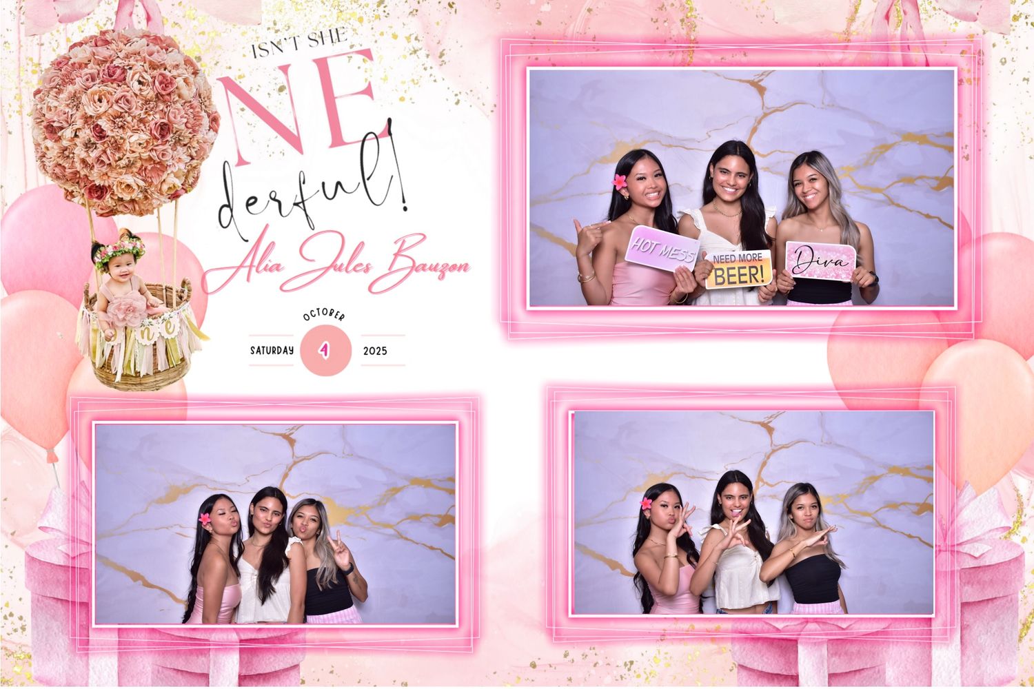 Pink-themed first birthday photo booth collage featuring three young women posing together at a ONE-derful celebration party.