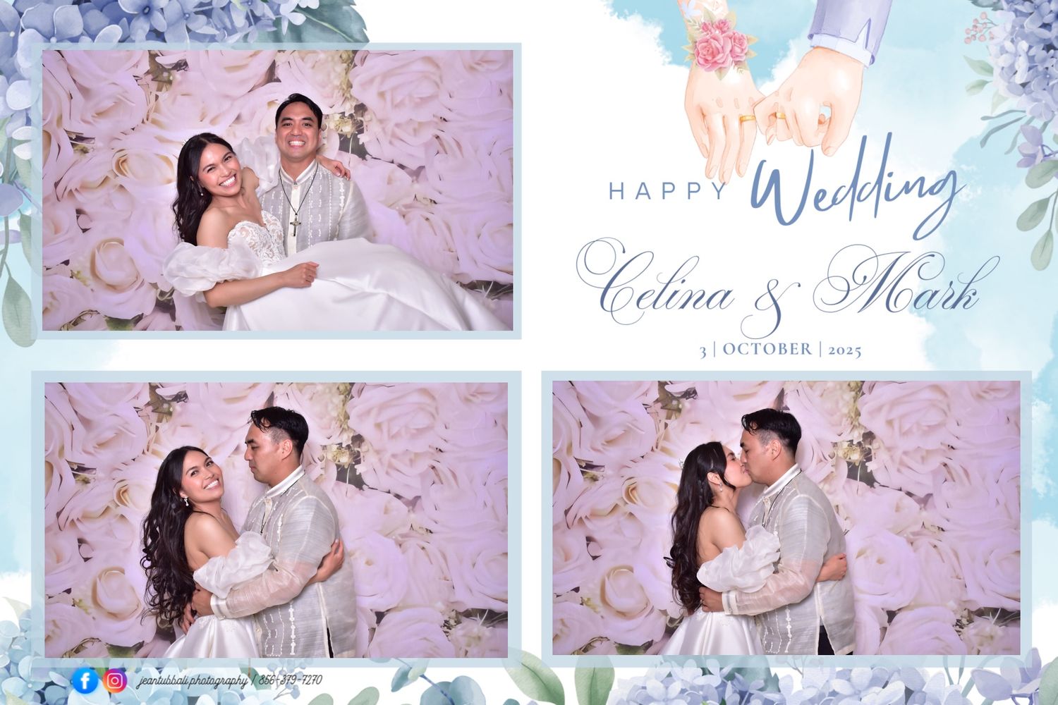 Wedding photo booth strip showing couple Celina and Mark posing romantically against floral backdrop, October 2023.