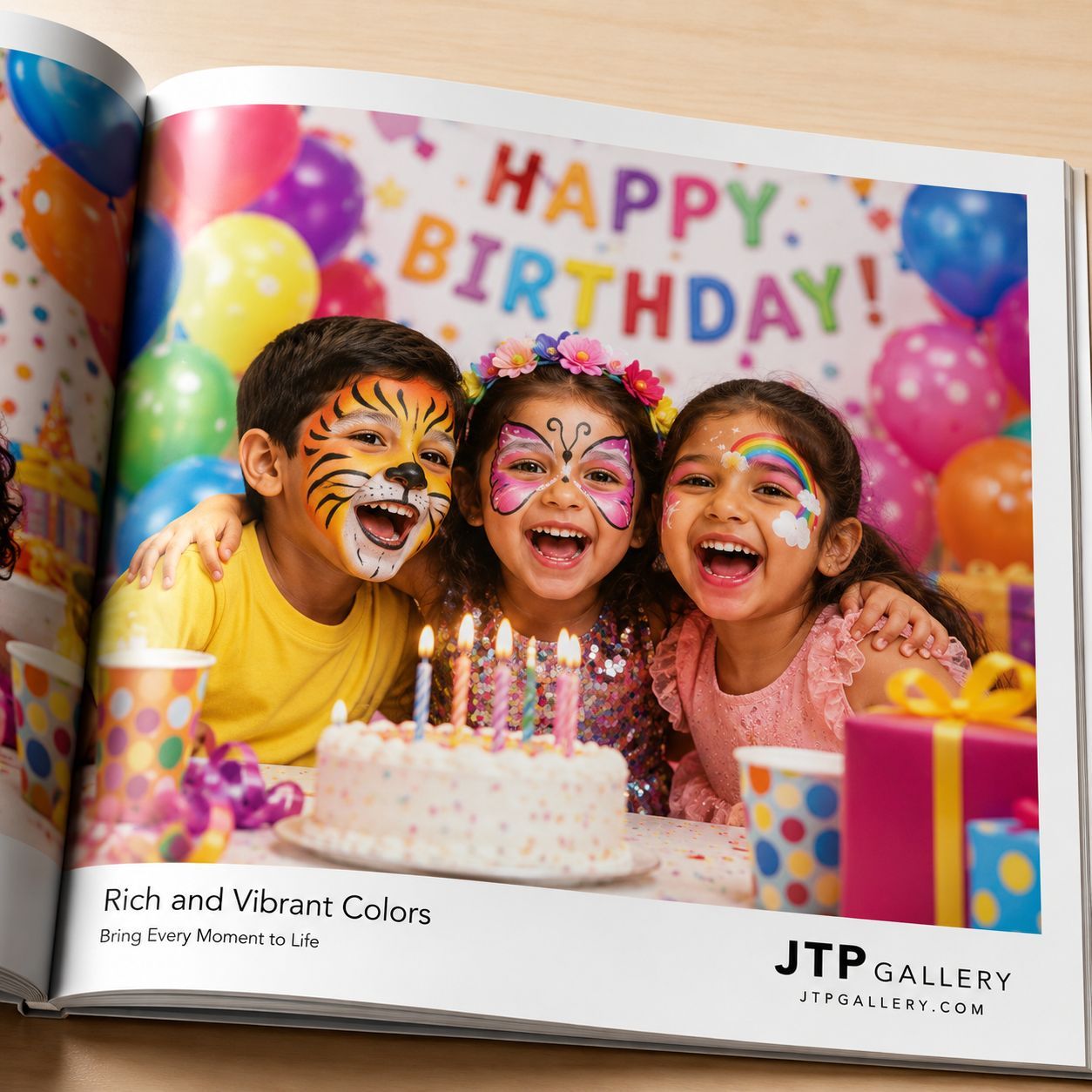 Three kids with colorful face paint laugh at a birthday party with cake, balloons, and a Happy Birthday banner.