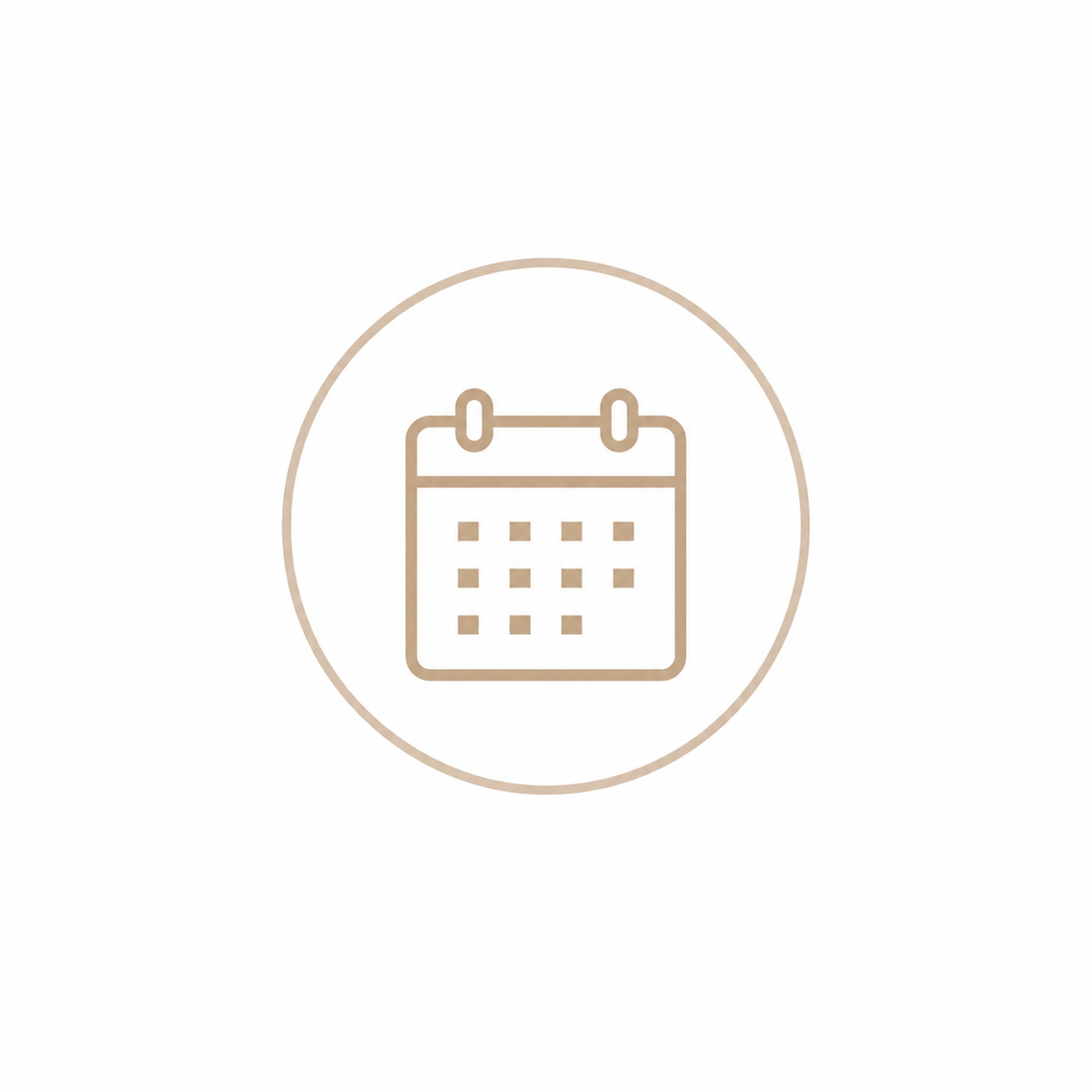 Minimalist calendar icon in warm beige tones enclosed in a circular border on white background.