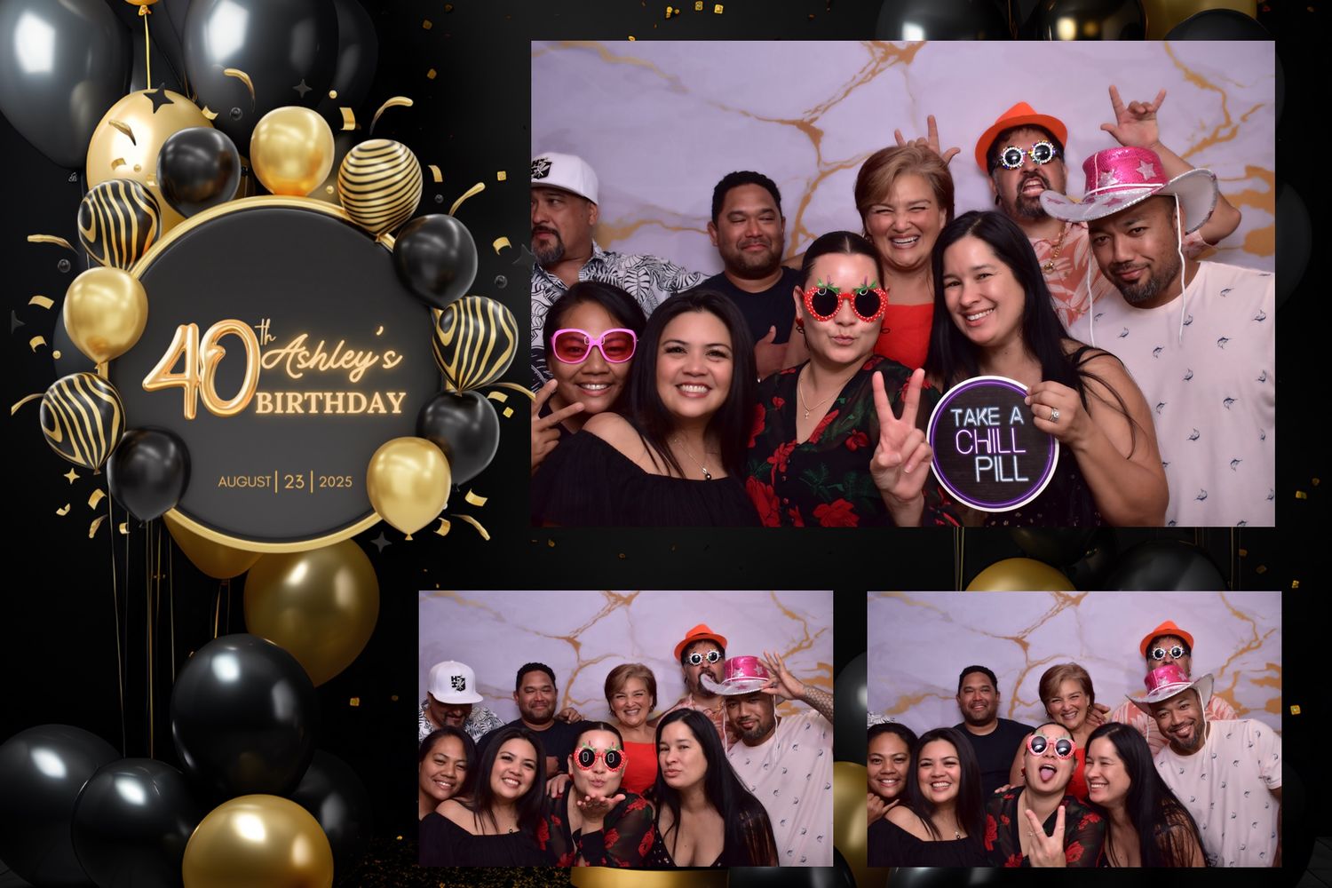 Photo booth strip from Ashley's 40th birthday party featuring groups of friends posing and smiling with black and gold balloon decor.