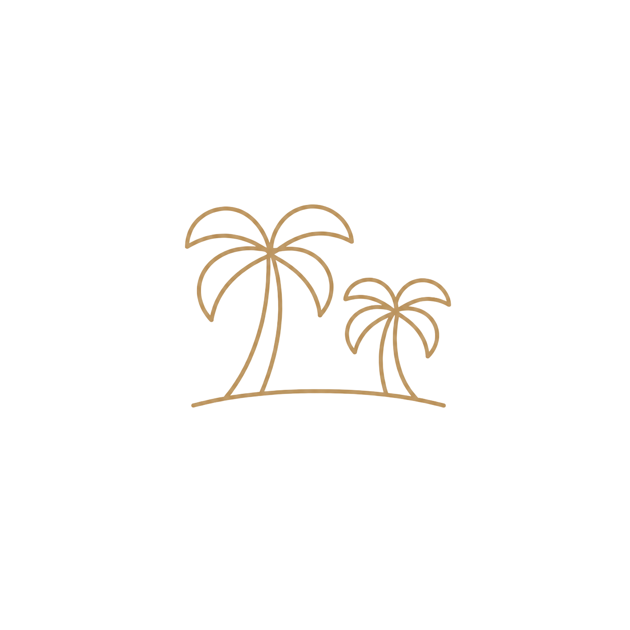 Golden line art icon of two palm trees on a small island, minimalist tropical beach symbol in warm gold.