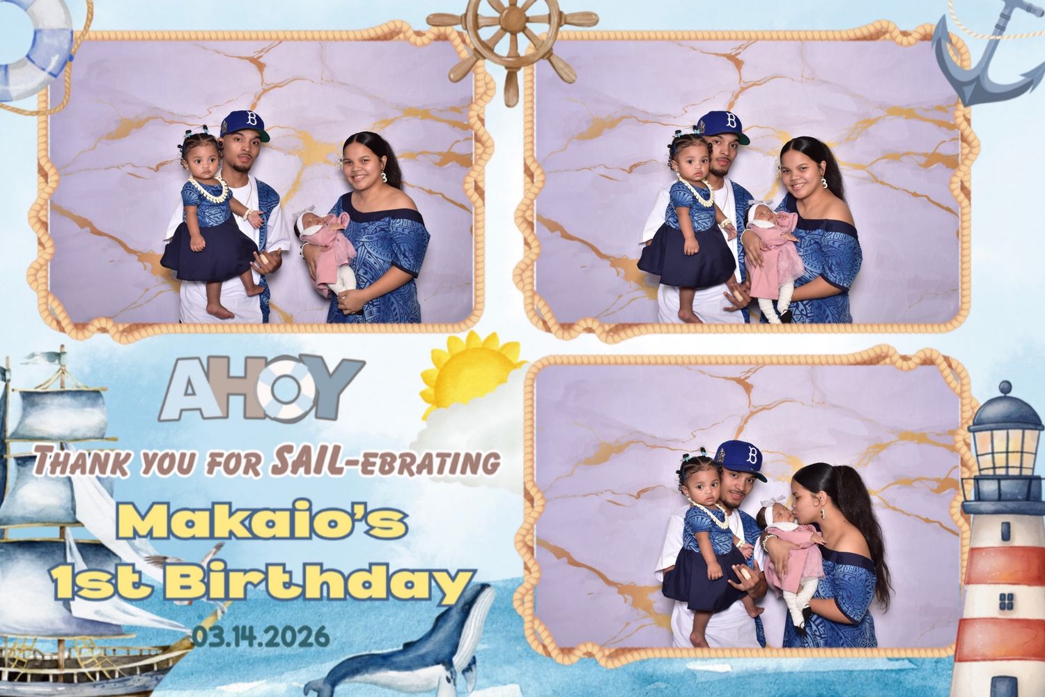 Photo booth strip from Makaio's 1st birthday party with nautical sail theme, featuring family portraits with decorative lighthouse backdrop.