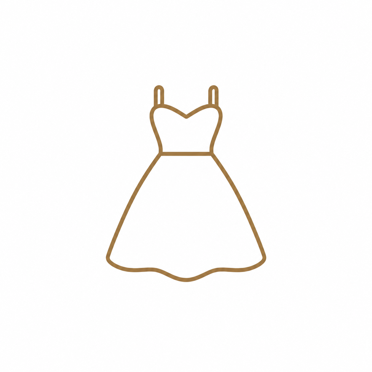 Gold outline icon of a sleeveless A-line dress with spaghetti straps and sweetheart neckline on white background.