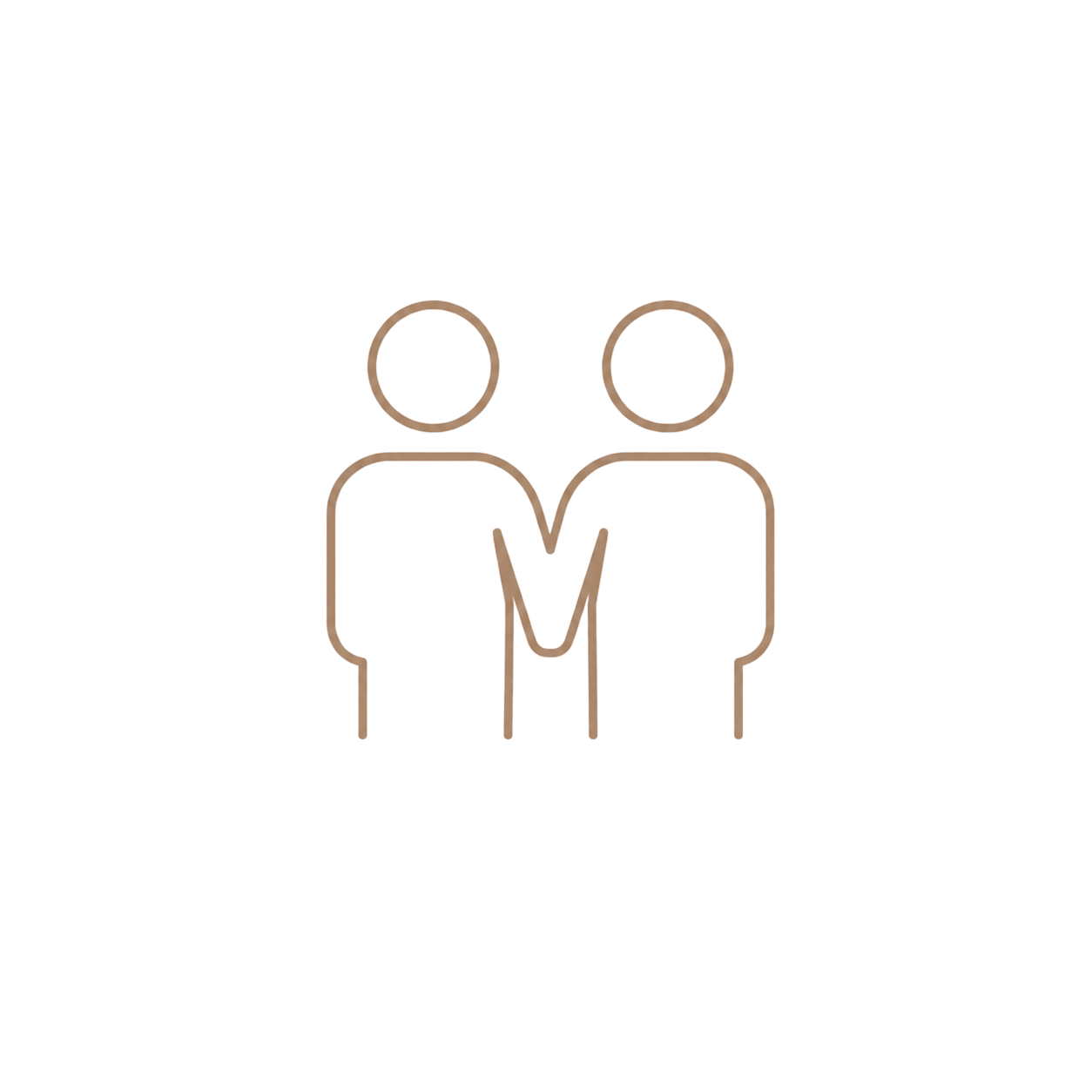 Minimalist line art icon of two people standing together, rendered in warm beige tones on white background.