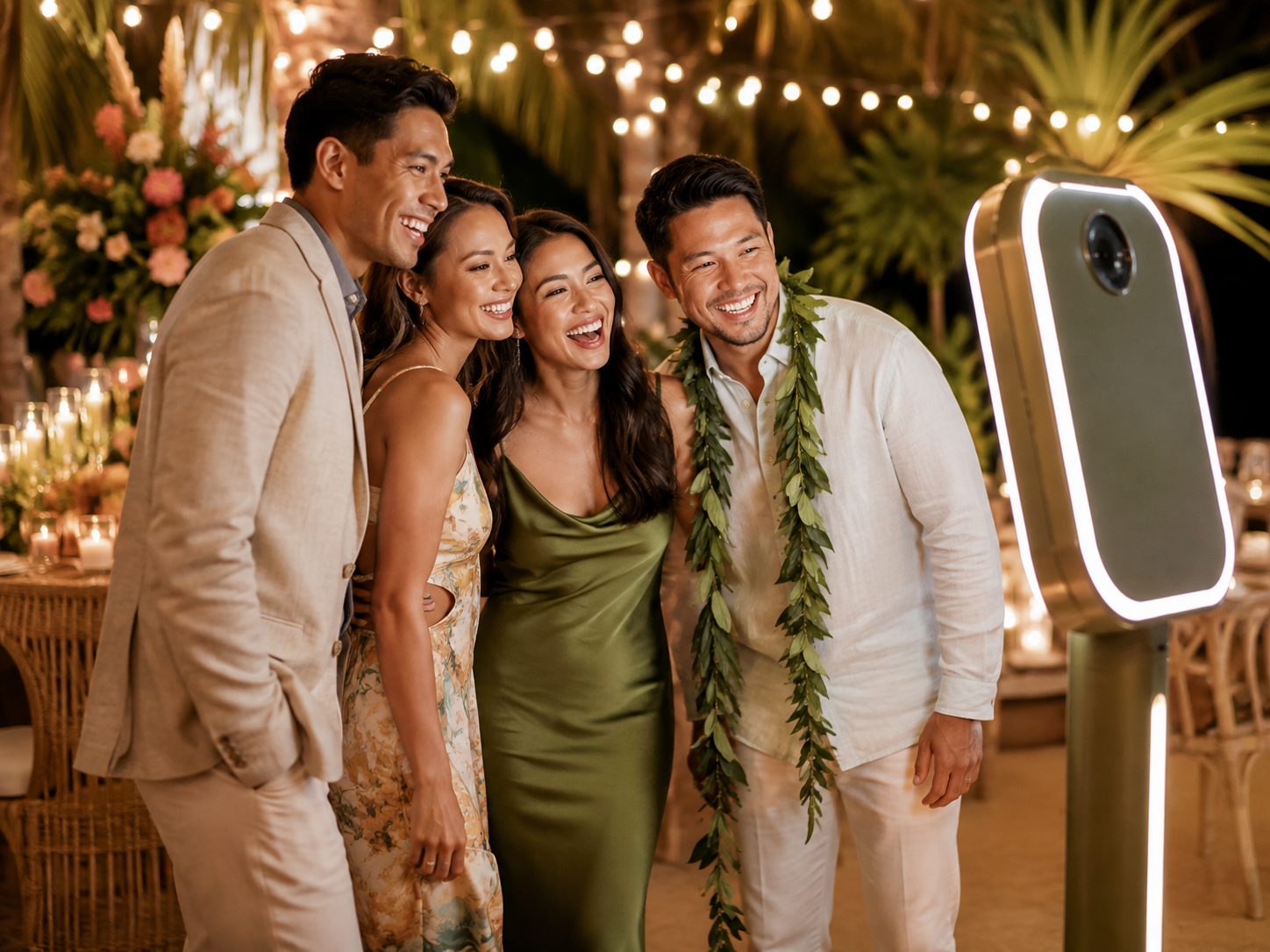 Four guests smiling at a tropical wedding reception beside a glowing photo booth mirror, surrounded by string lights.