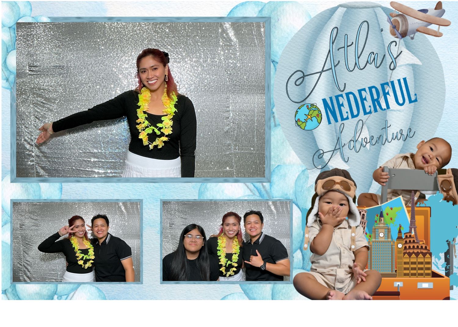 Photo booth collage from Atlas's Wonderful Adventure party featuring guests posing with tropical leis against a silver backdrop.