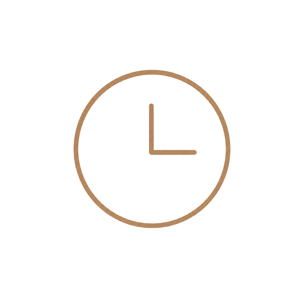 Minimalist clock icon with thin brown circular border and simple hour and minute hands on white background.