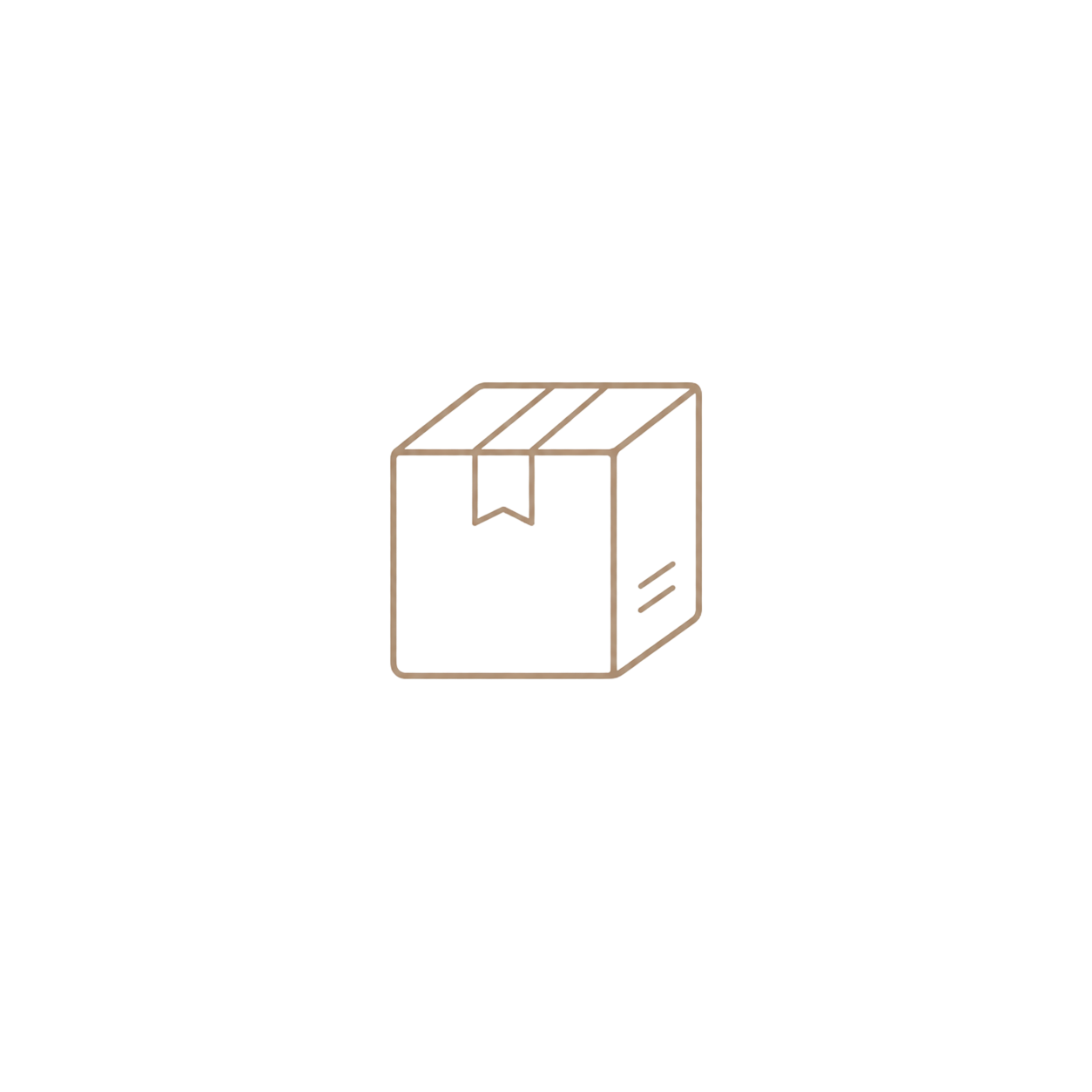 Minimalist line art illustration of a cardboard shipping box with closed flaps on white background.