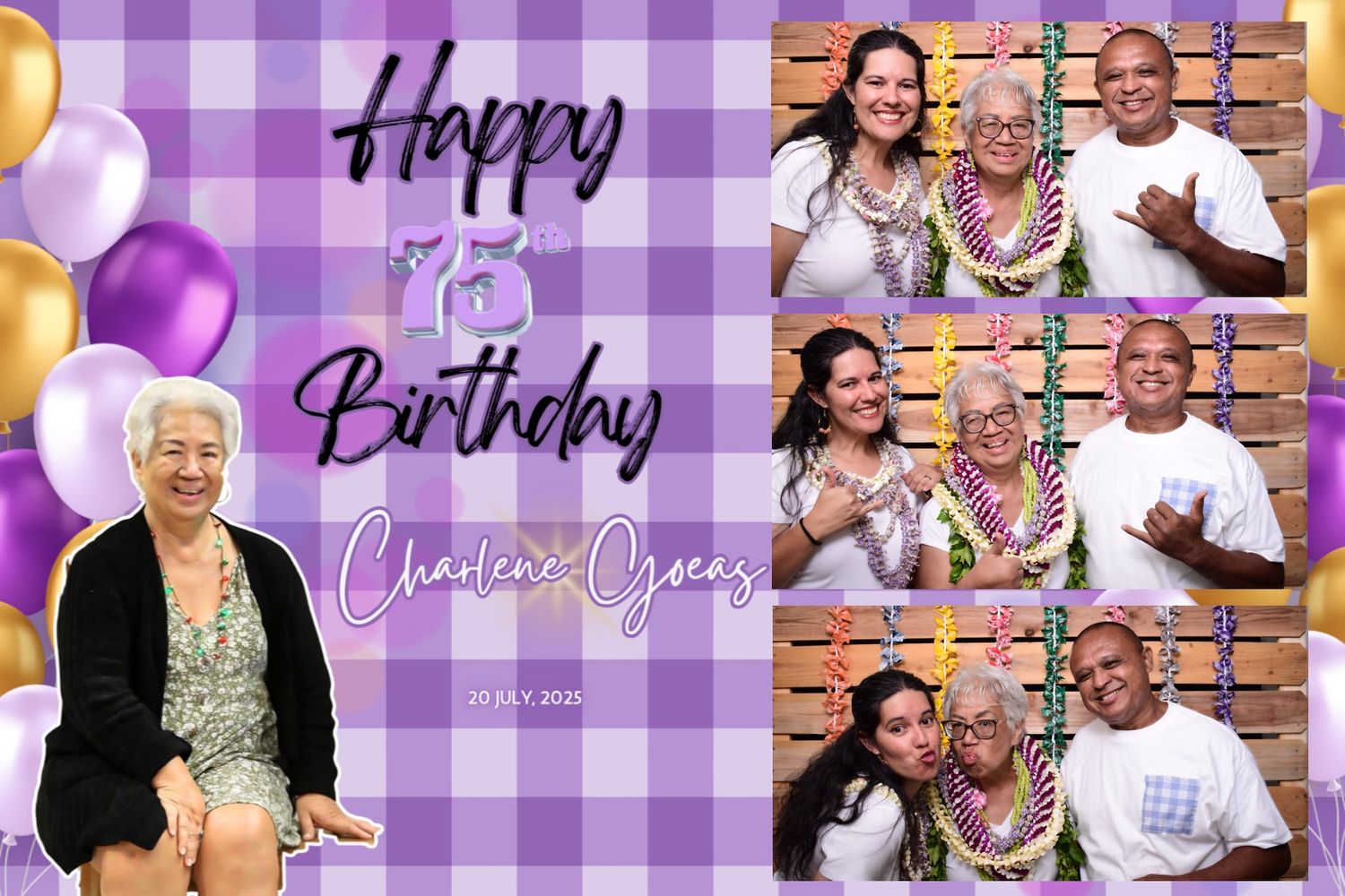 Happy 75th Birthday photo booth collage for Charlene Green, featuring family portraits with leis and purple balloon decorations.