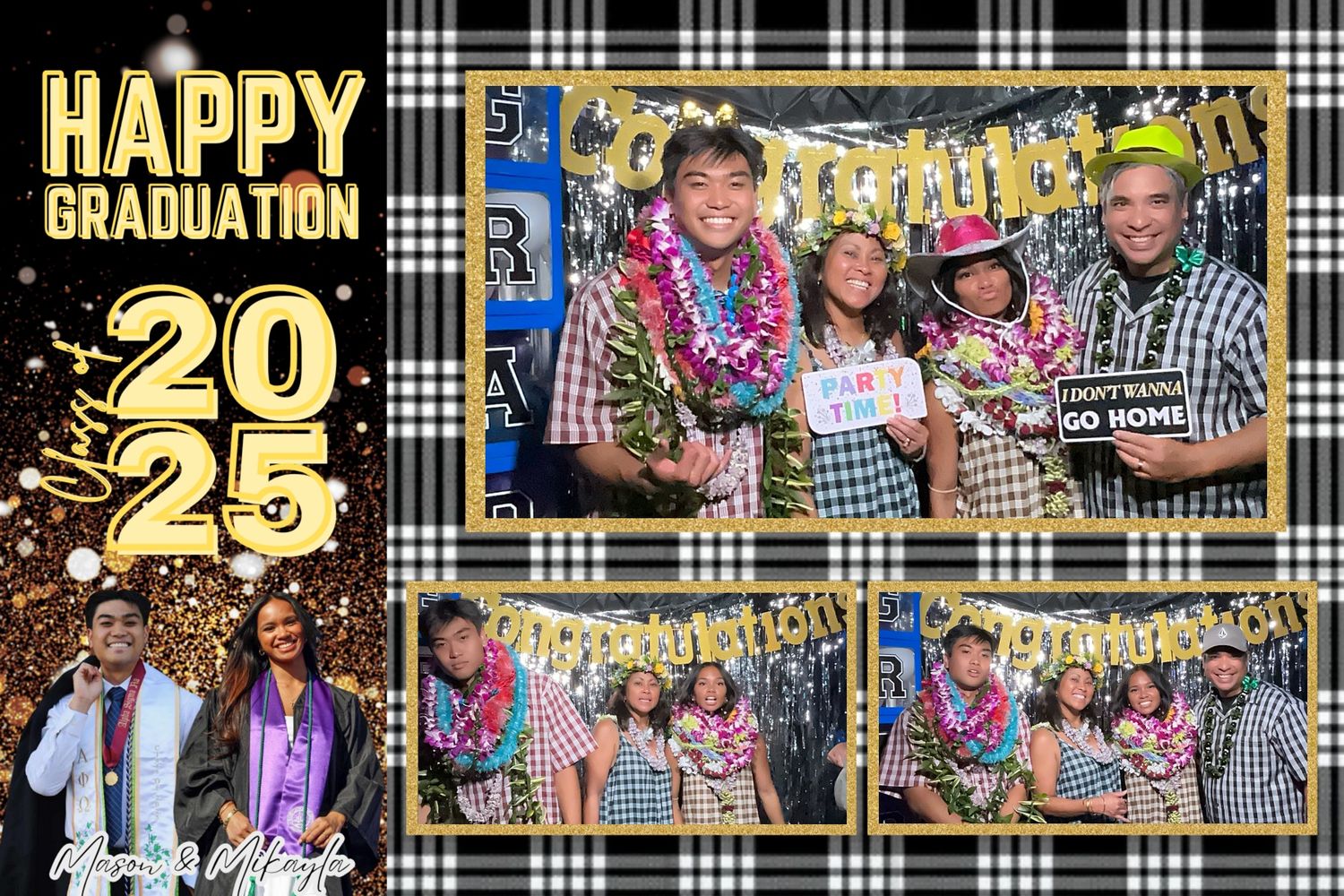 Happy Graduation 2025 photo booth collage featuring friends celebrating with leis and festive decorations.