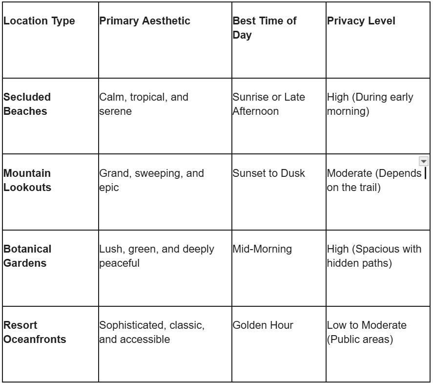 Table comparing location types by primary aesthetic, best time of day, and privacy level for beaches, mountains, gardens, and resorts.