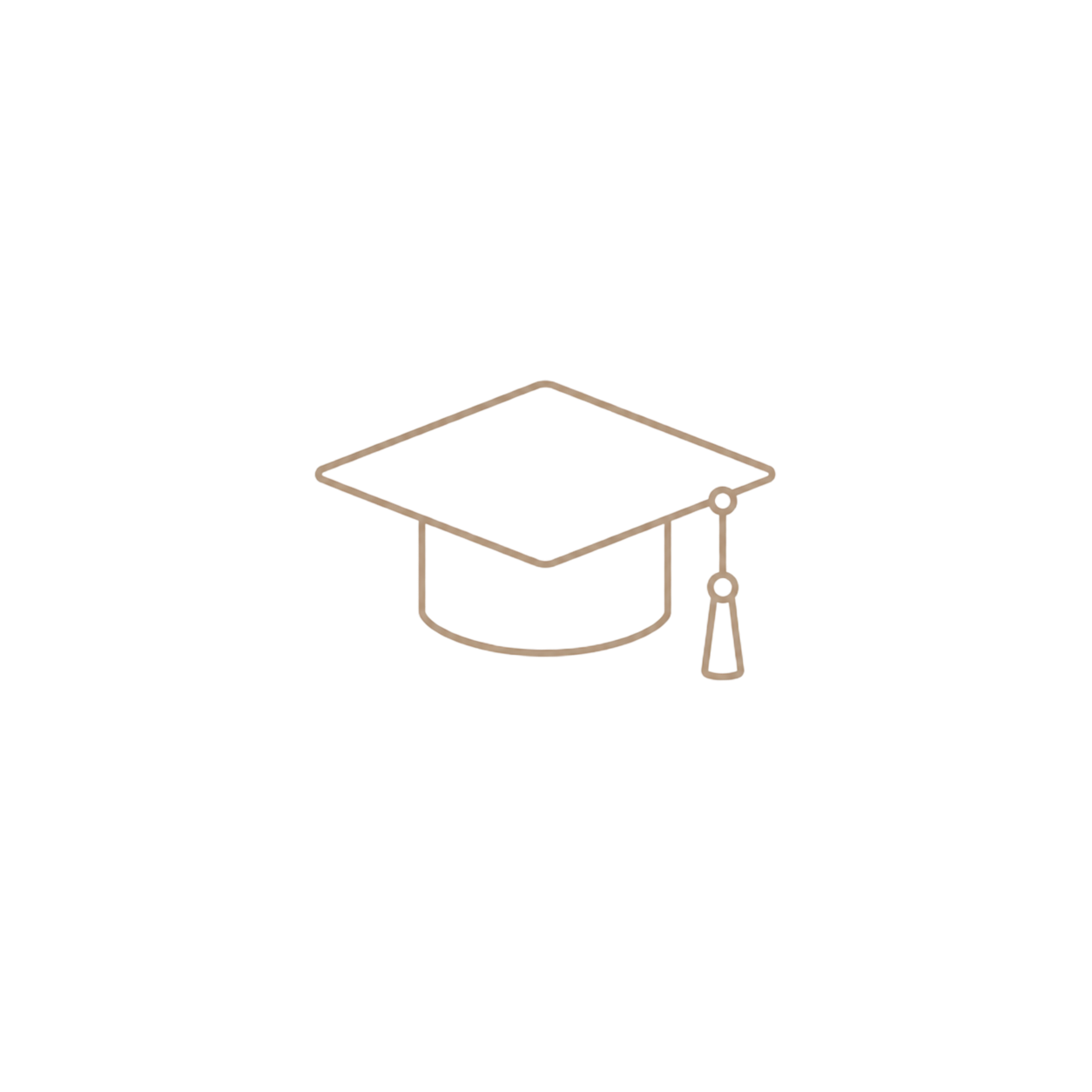 A minimalist line art illustration of a graduation cap with tassel in soft beige tones on white background.
