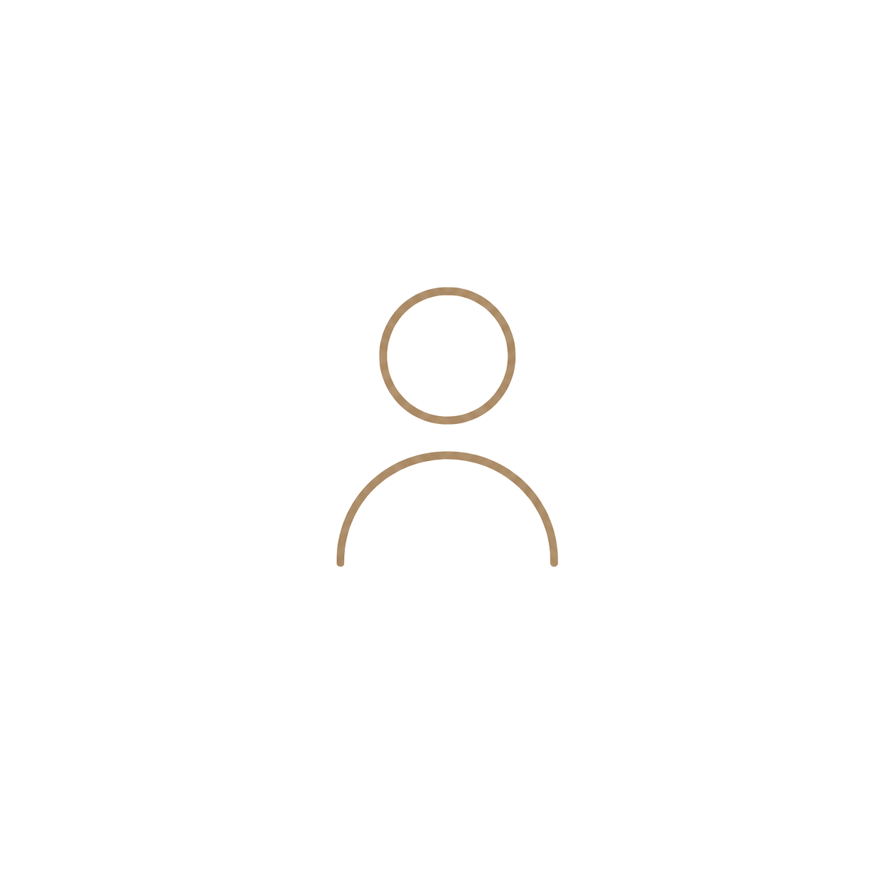 A minimalist user profile icon with a circle head and arc body outline in warm tan color on white background.