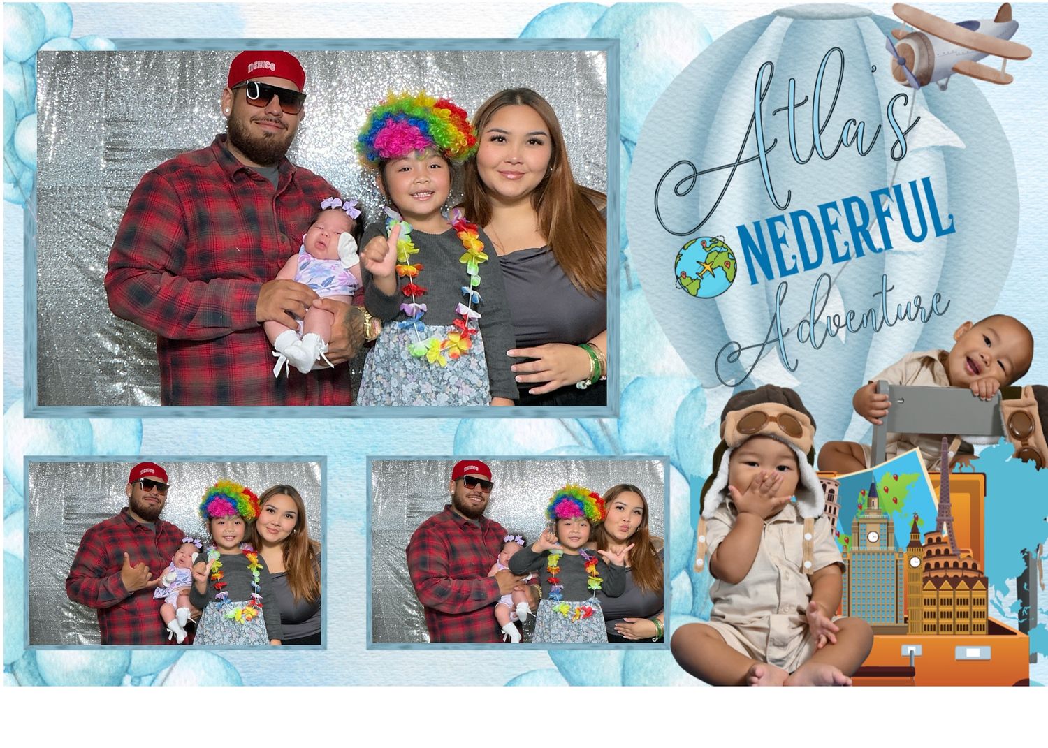 Family photo booth collage at Atlas's Nederful Adventure themed party with colorful decorations and fun poses.