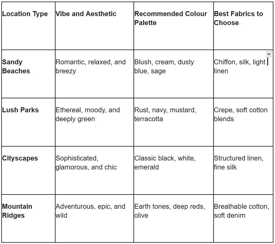 Table comparing location types, vibes, color palettes, and best fabrics for Sandy Beaches, Lush Parks, Cityscapes, and Mountain Ridges.
