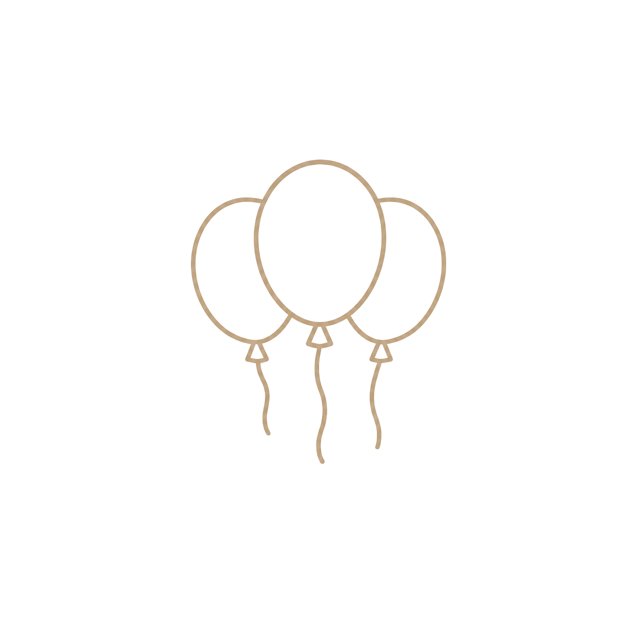 Three minimalist balloon icons with strings, drawn in a simple tan outline style on a white background.