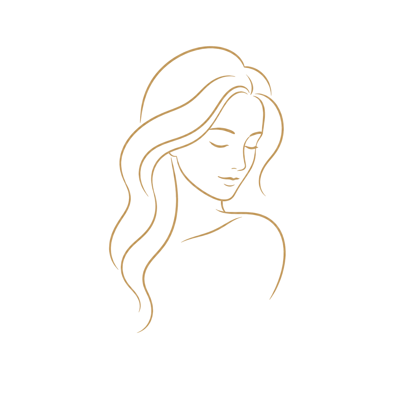 Golden line art illustration of a woman with long flowing hair, eyes closed, elegant minimalist beauty logo design.