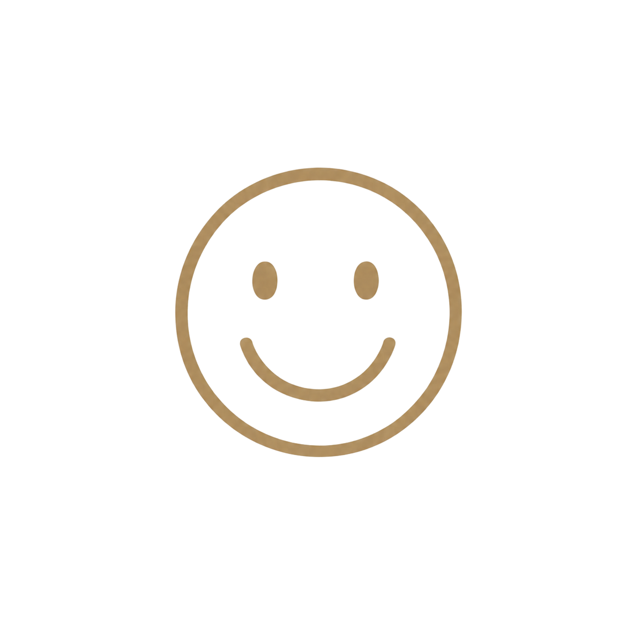 A minimalist golden smiley face icon with a circular outline, two oval eyes, and a curved smile on white background.