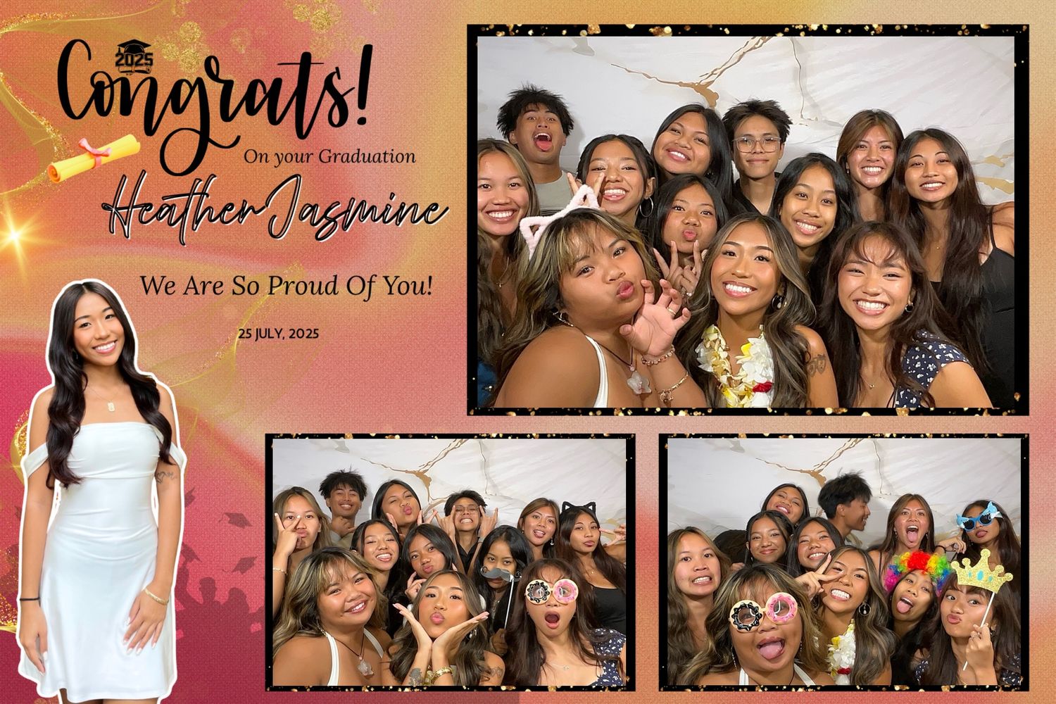 Graduation photo booth collage celebrating Heather Jasmine with group of smiling friends posing together at party.