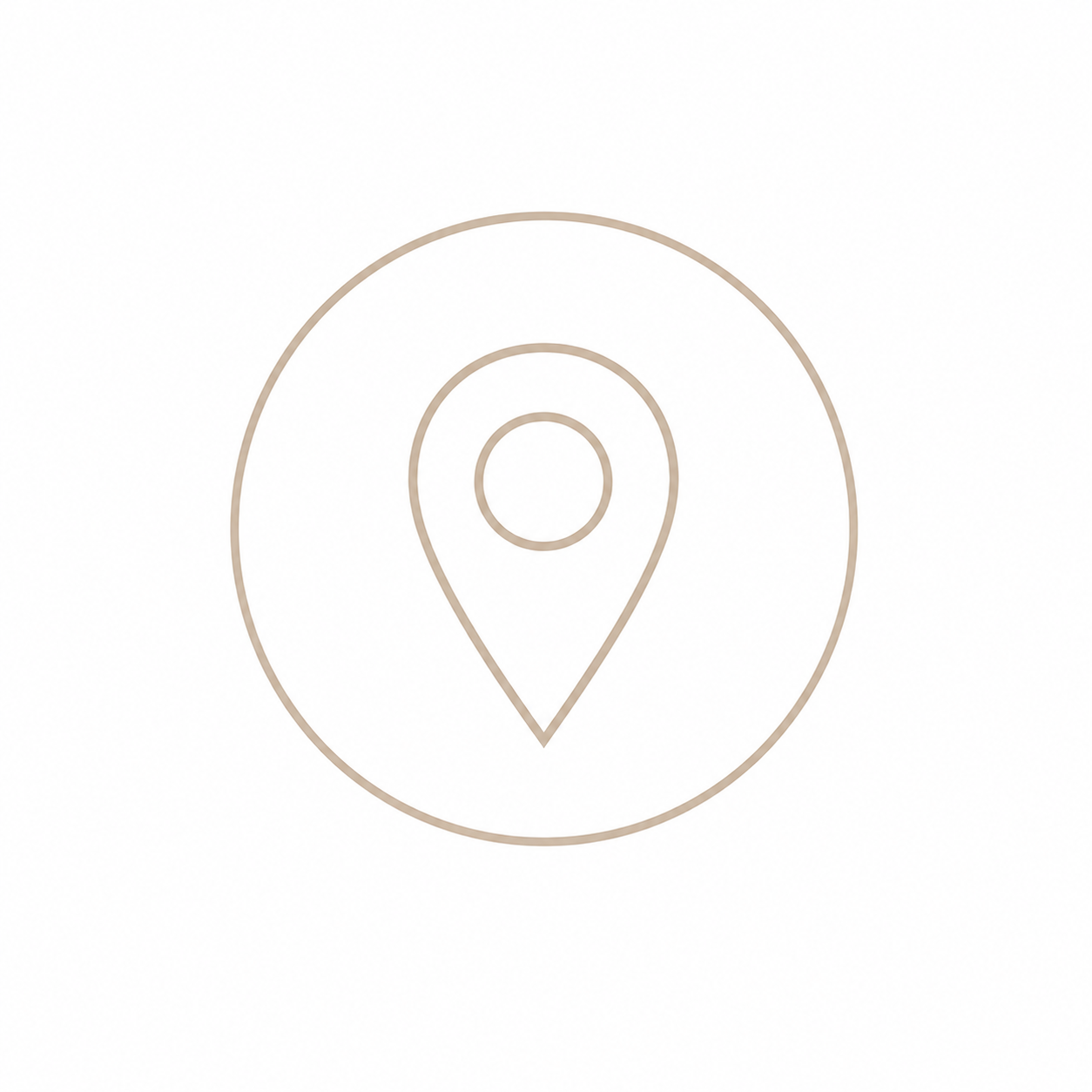 Minimalist beige location pin map marker icon inside a circle on white background.