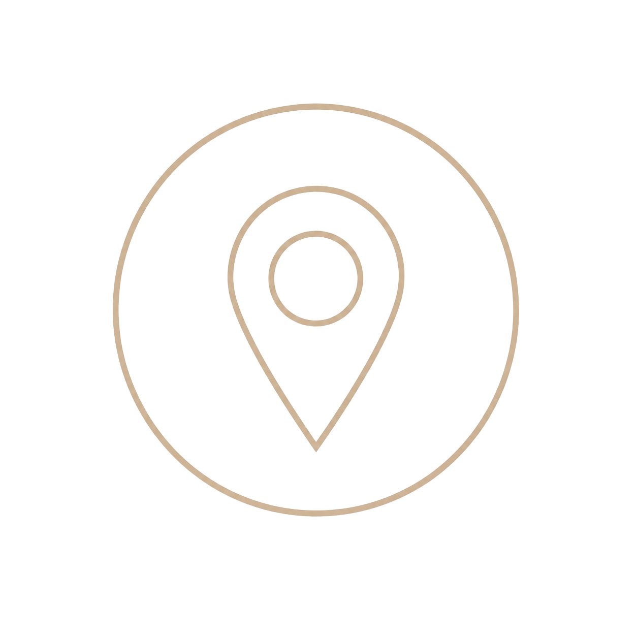 Minimalist location pin icon inside a circle, outlined in warm beige tones on white background.