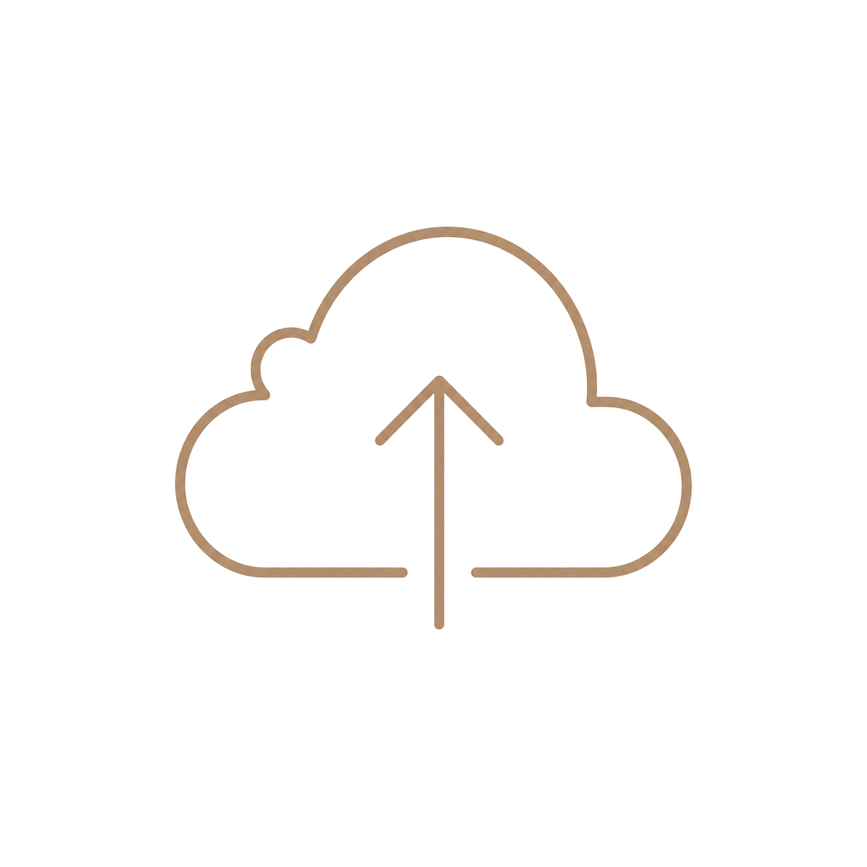 Minimalist cloud upload icon with upward arrow in warm beige outline style on white background.