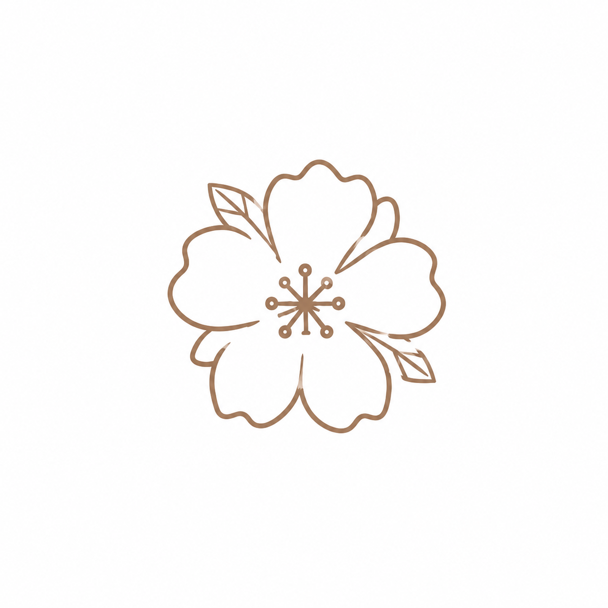 Minimalist line art illustration of a hibiscus flower in warm brown tones on white background.