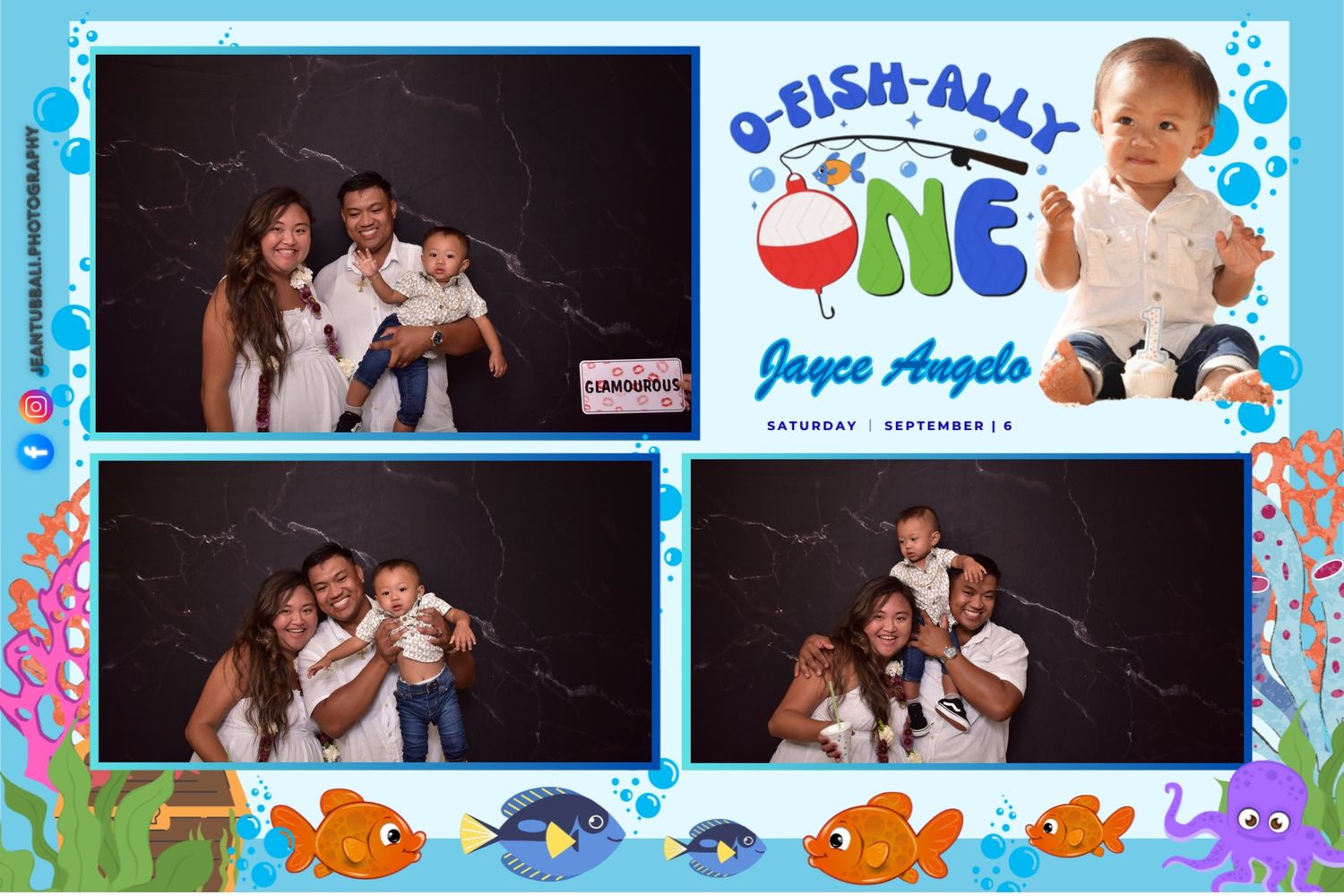Family celebrating baby Jayce Angelo’s O-Fish-Ally ONE first birthday party with an underwater ocean theme photo booth.