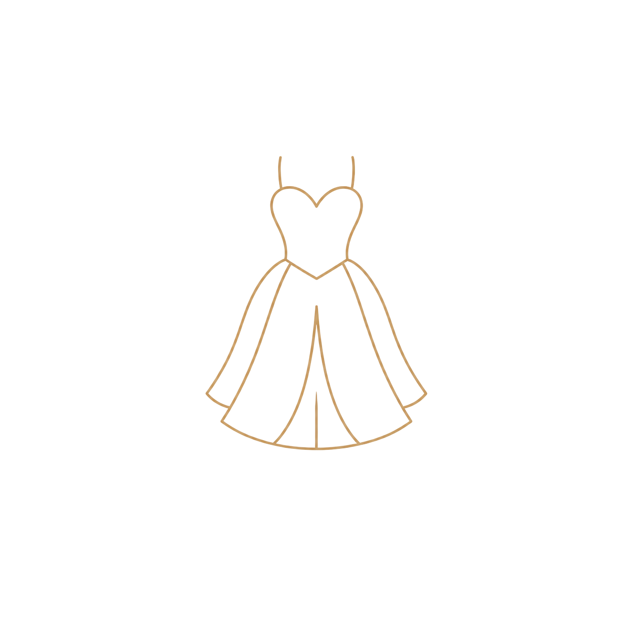 Simple line drawing icon of an elegant strapless wedding dress with a sweetheart neckline and full skirt in gold outline.