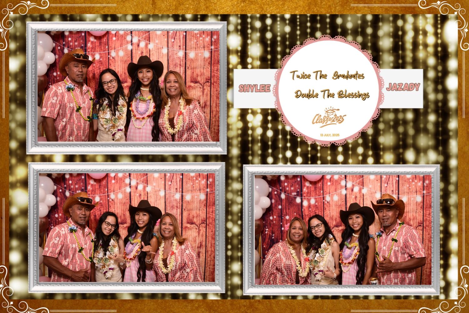 Photo booth strip showing a group of friends posing in front of a pink backdrop at a graduation celebration party.