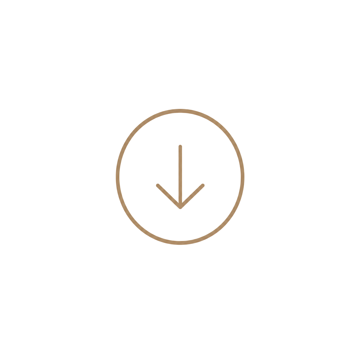 A minimalist golden-tan download icon featuring a downward arrow enclosed in a circular outline on white background.