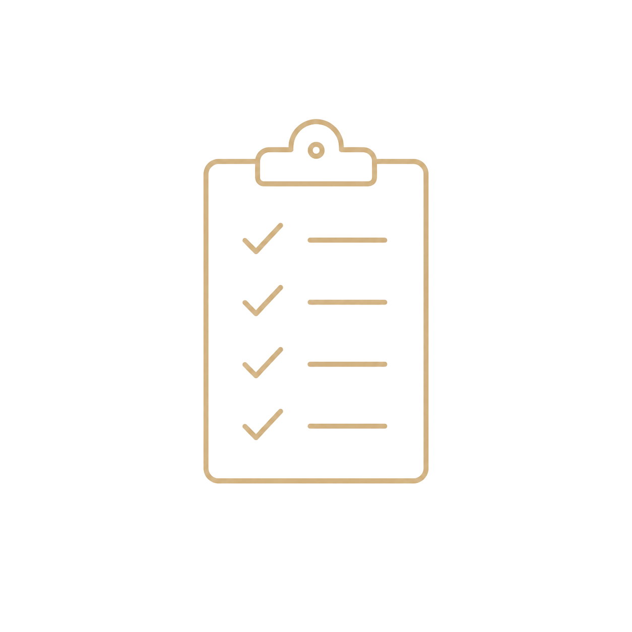 Golden clipboard icon with checklist and checkmarks, minimalist line art design on white background.