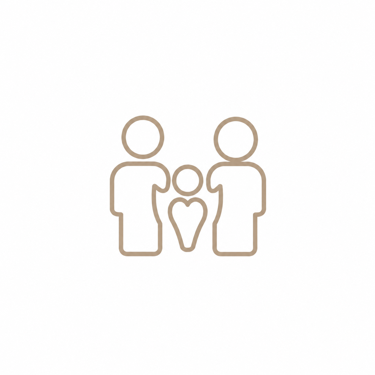 Minimalist line art icon of two adults and a child with a heart symbol, representing family love and togetherness.