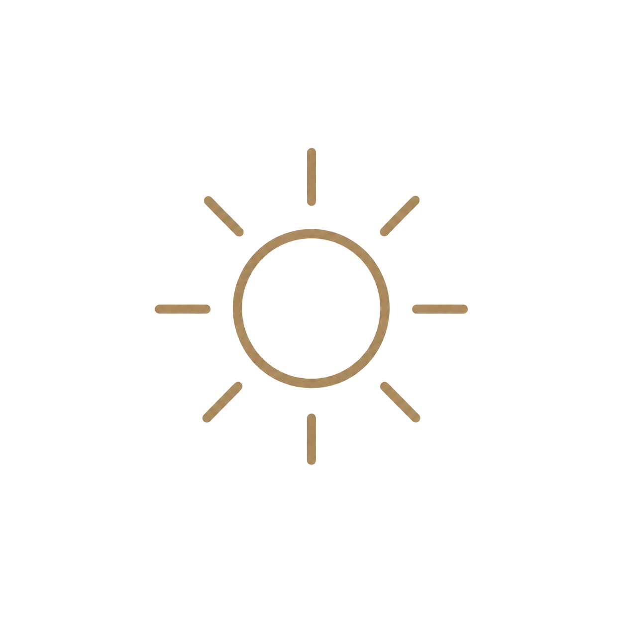 Minimalist golden sun icon with rays on white background, symbolizing warmth and light.