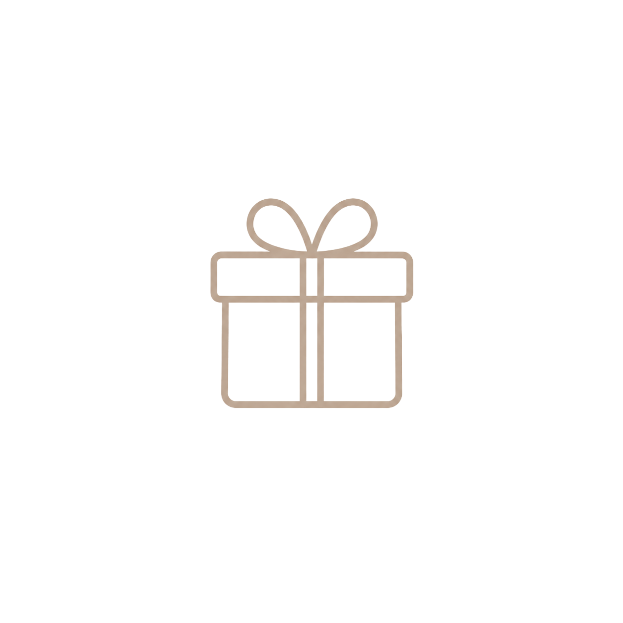 Minimalist line art gift box icon with bow, in warm beige tone on white background.
