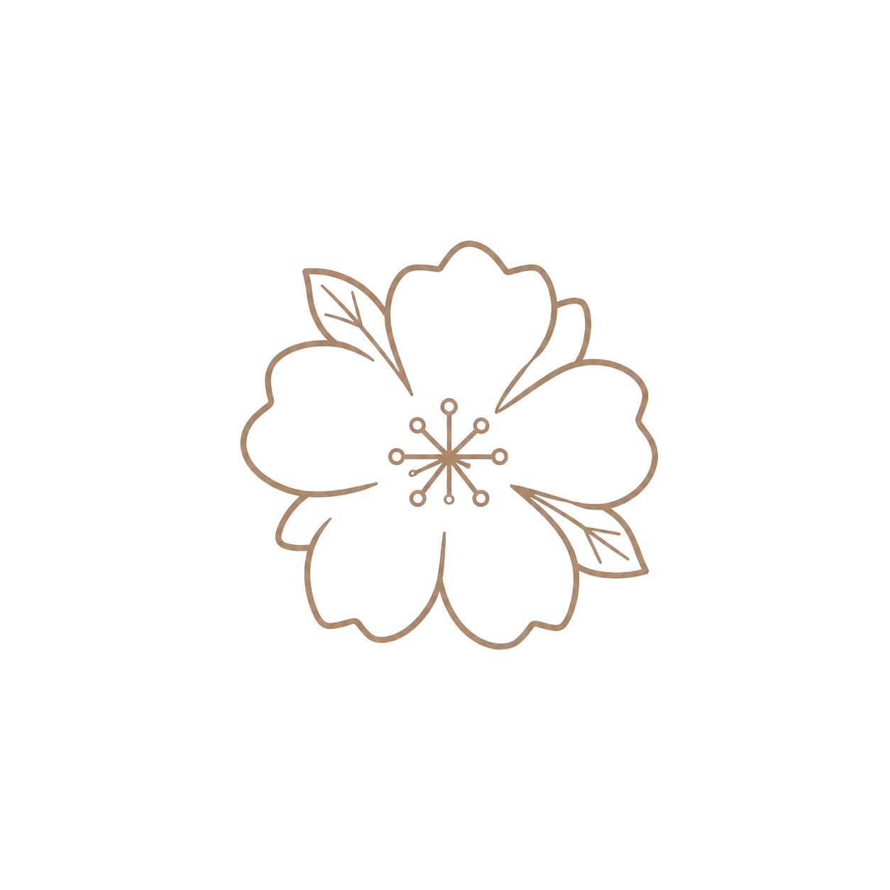 Delicate line art floral illustration of a blooming flower with leaves in soft rose gold tones.