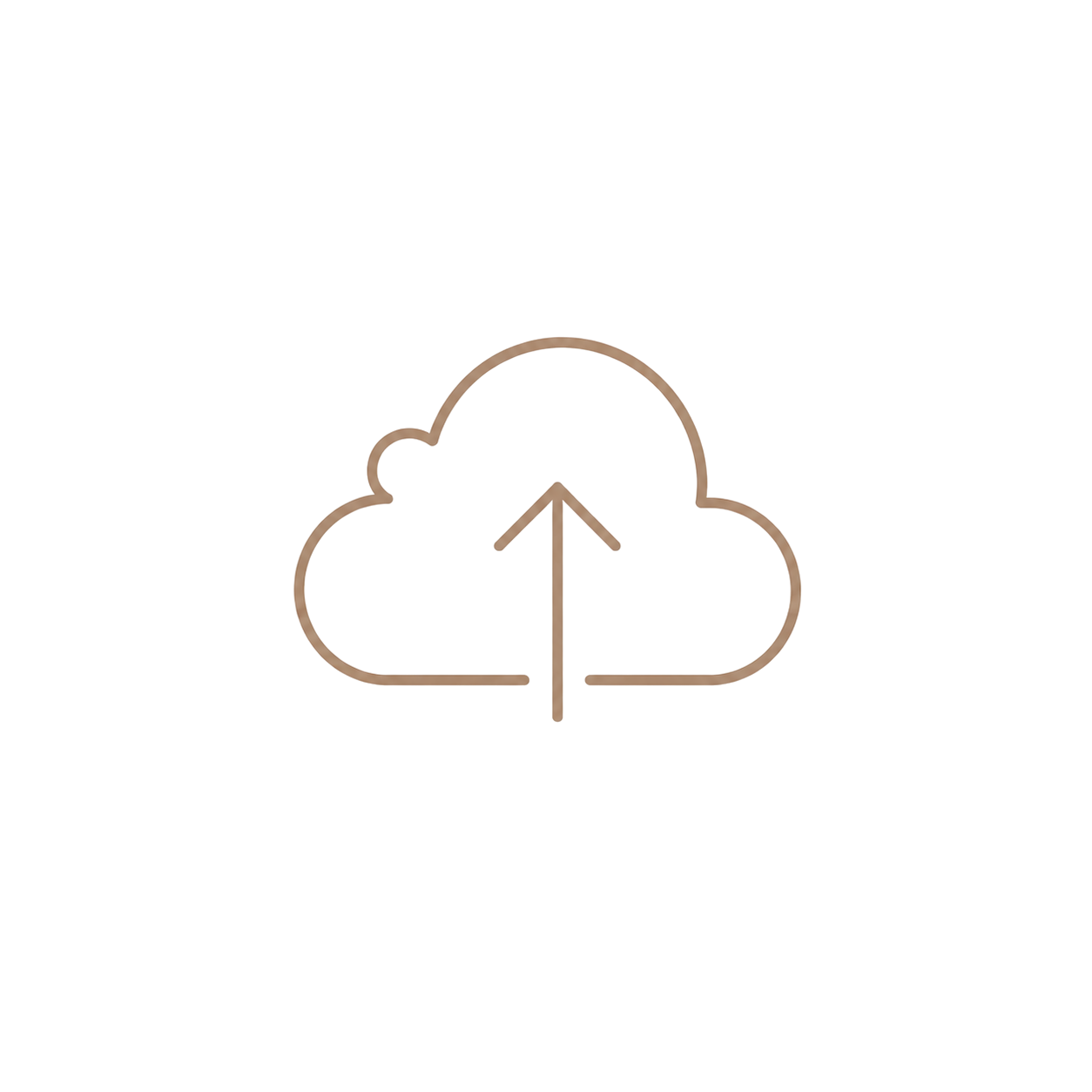 Minimalist cloud upload icon with arrow in warm beige outline style on white background.