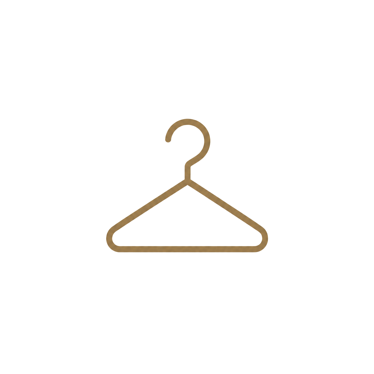 Gold minimalist clothing hanger icon on white background, simple line art design for fashion or retail use.